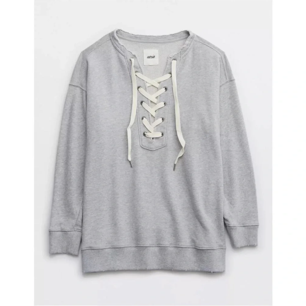 Aerie Heather Gray Oversized Lace-Up Hoodie Size Small - Picture 2 of 5
